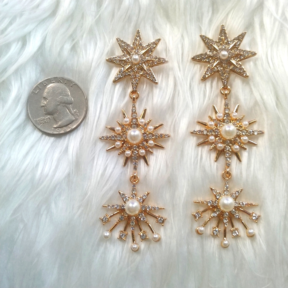 Gold Pearl Crystal Star Burst 3 Tier Drop Earrings